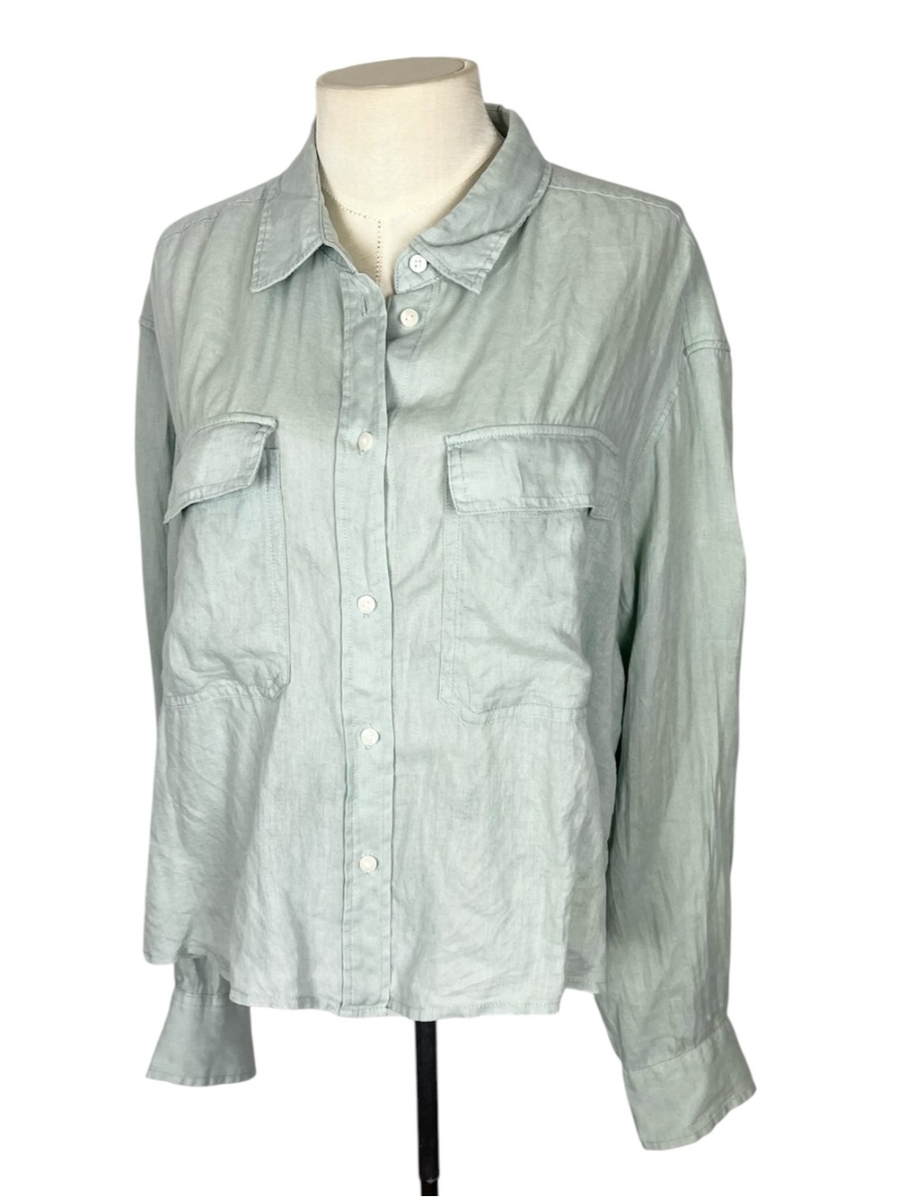Gap 100% Linen Cropped Shirt Women's Large Long Sleeve Boxy Frothy Aqua‎ sage